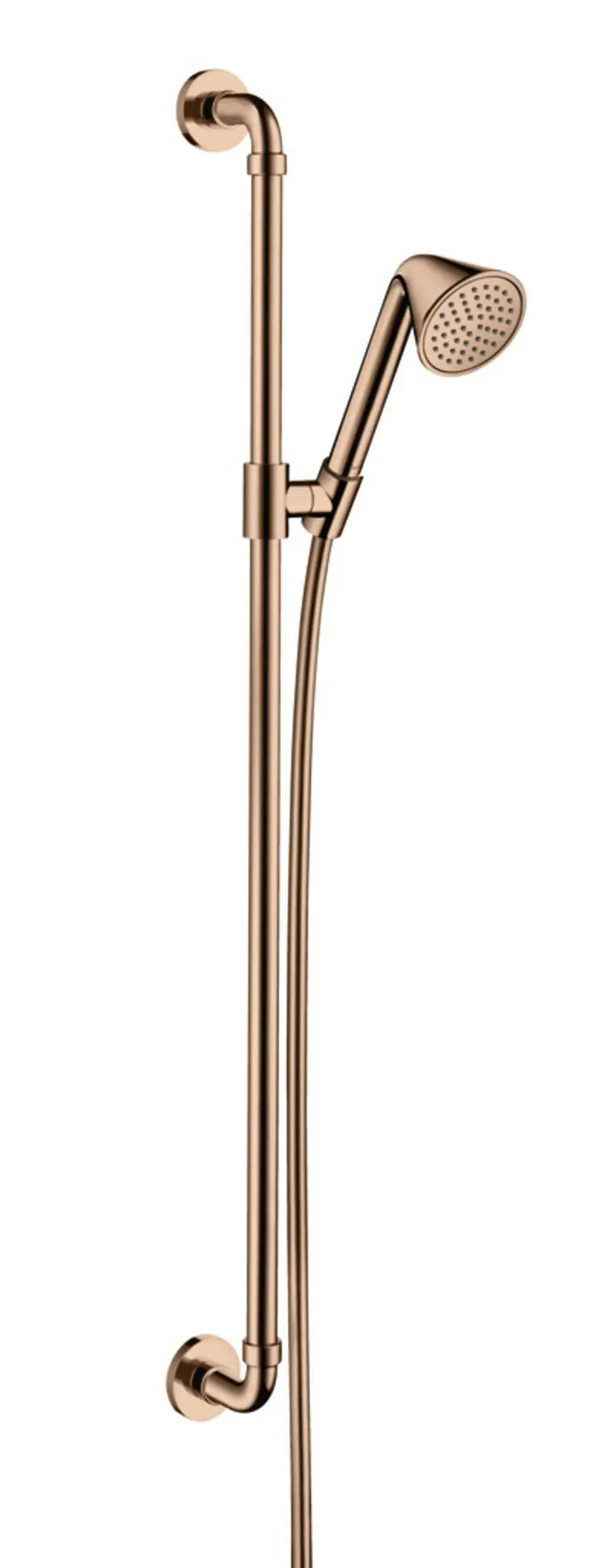 Handbrause mit Halterung und Schiebestange in polierter Rotgold-Optik, montiert an der Wand. AXOR-Design für moderne Badezimmer.
